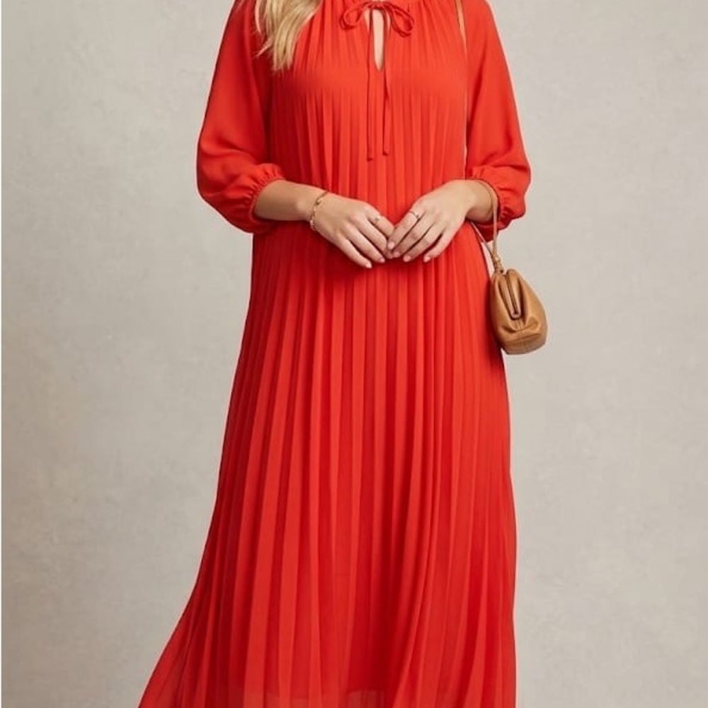 Nanette Lepore Red Pleated Maxi Dress with Tie Neck